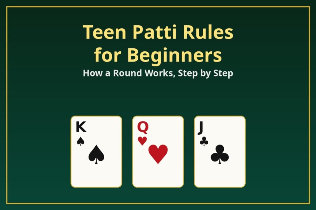 Teen Patti rules for beginners shown with three playing cards